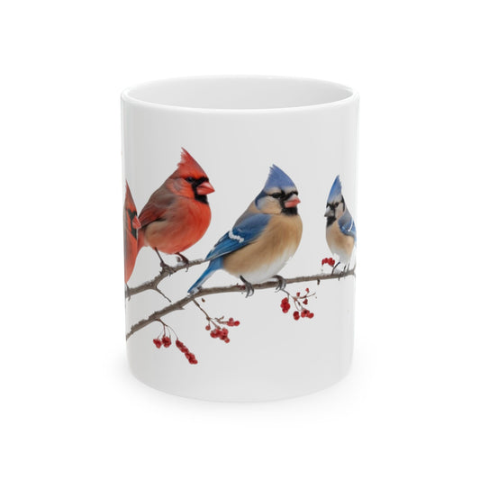 Bird Lover Ceramic Mug (11oz, 15oz) - Cardinals, Blue Jays, Blue Birds on Winter Branch