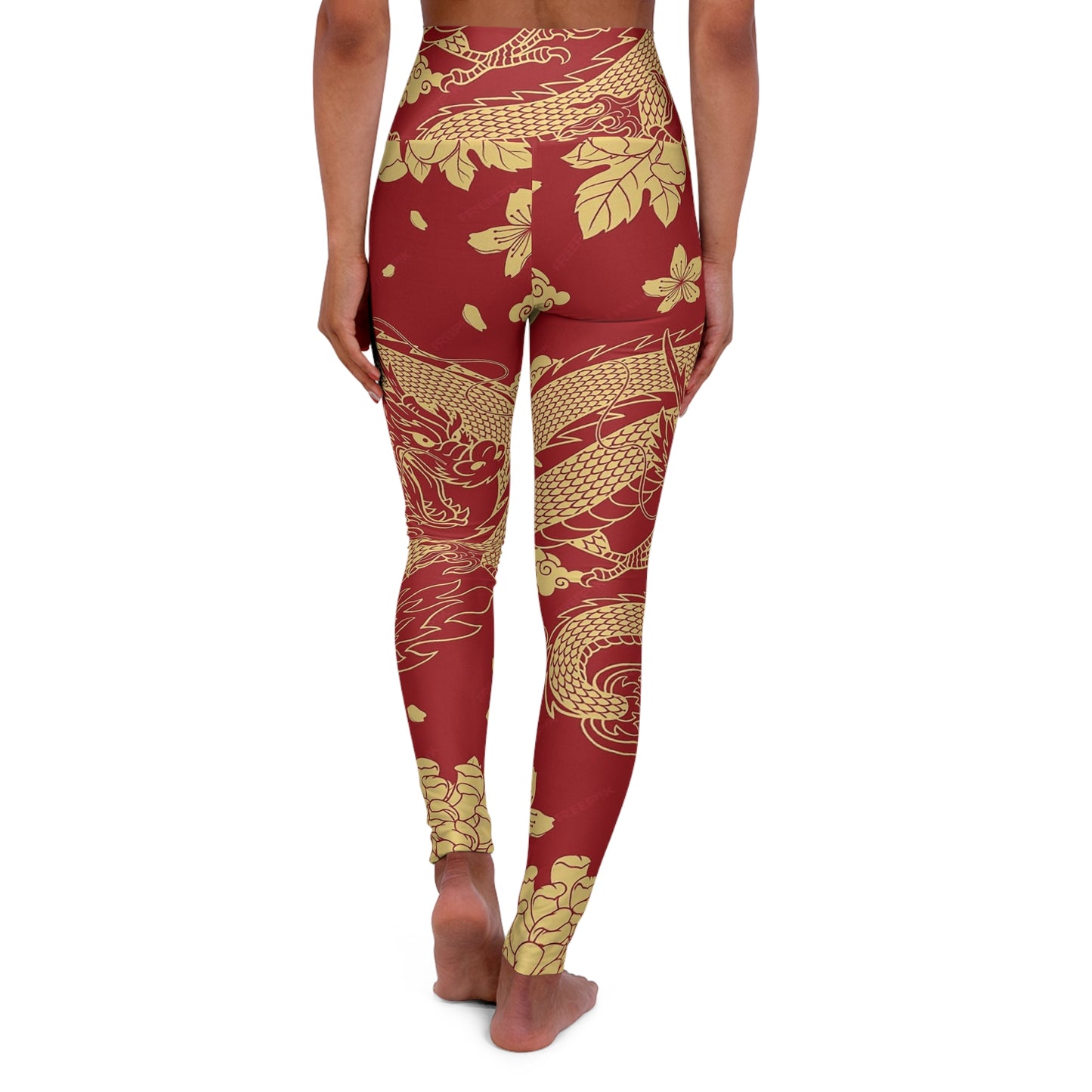 Aesthetic Red and Gold Dragon High Waisted Yoga Leggings (AOP)