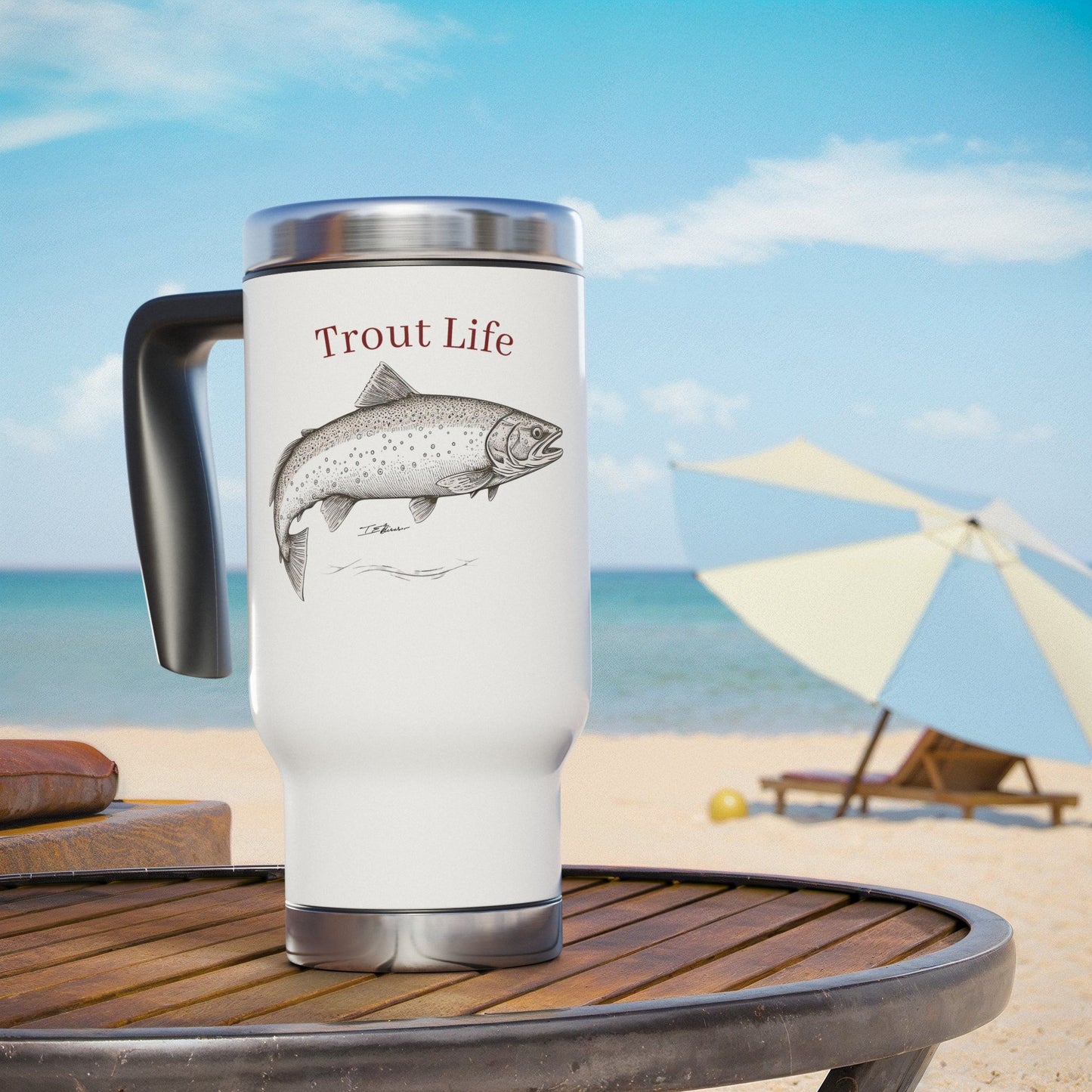 Trout Life(™) Stainless Steel Travel Mug with Handle, 14oz