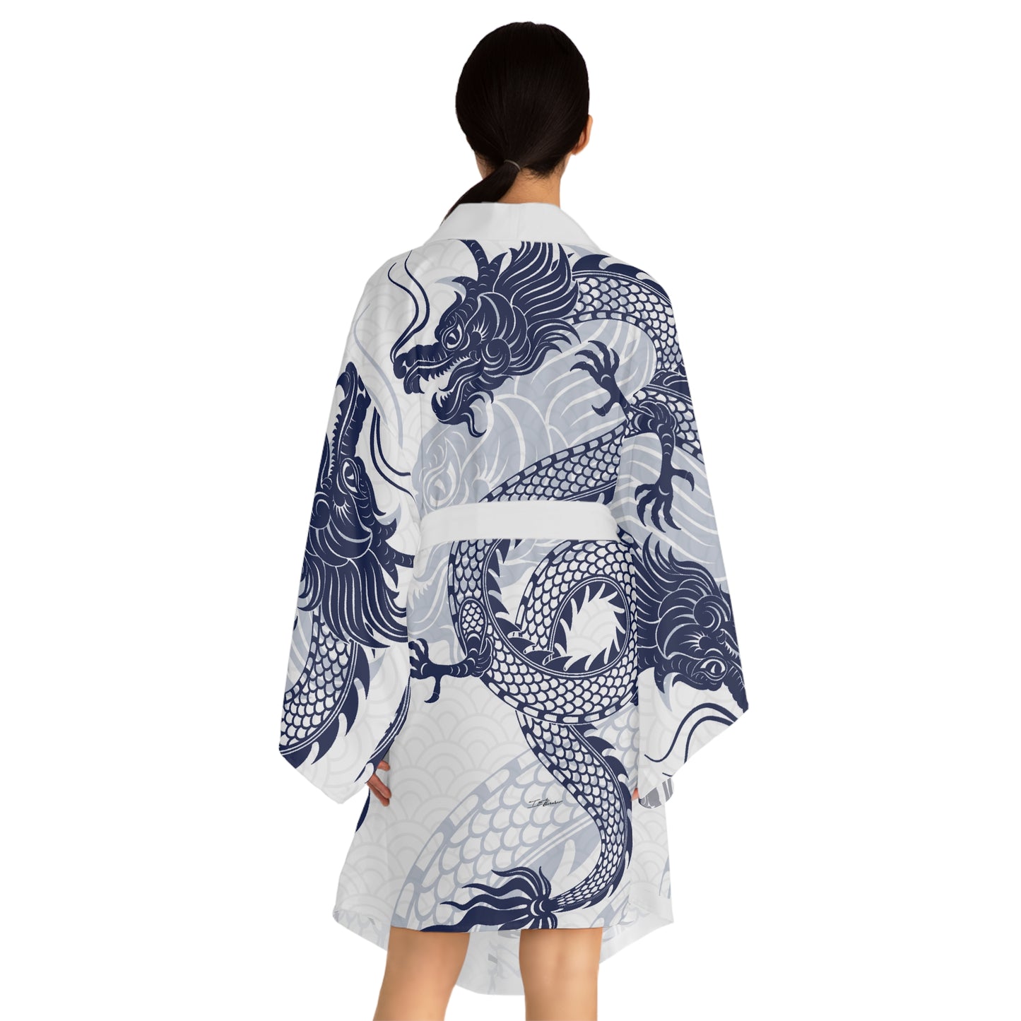Aesthetic Blue and White Year of the Dragon Long Sleeve Robe