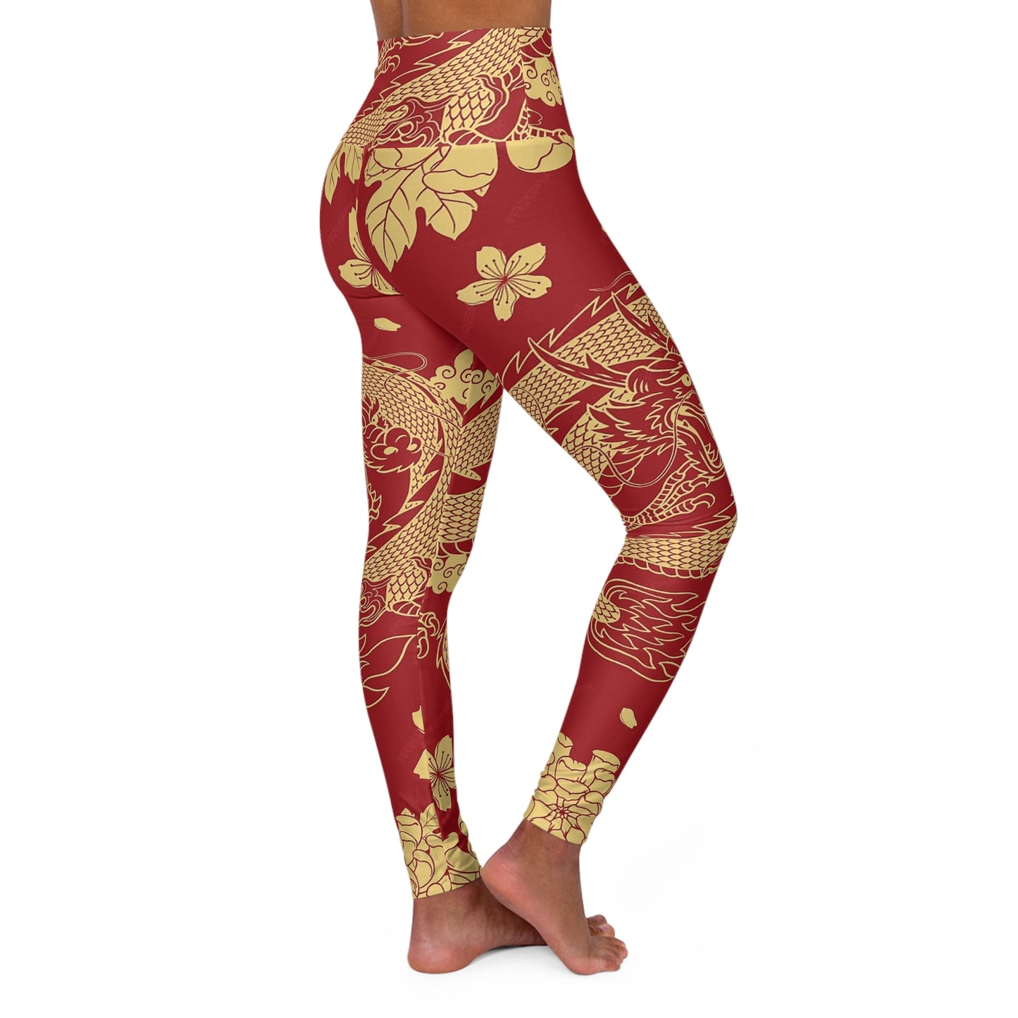 Aesthetic Red and Gold Dragon High Waisted Yoga Leggings (AOP)