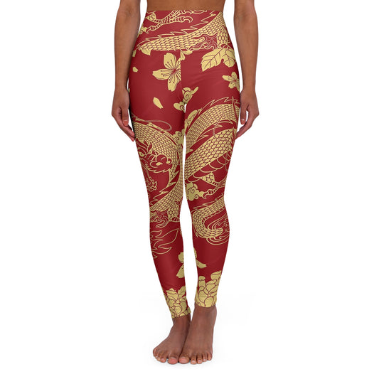 Aesthetic Red and Gold Dragon High Waisted Yoga Leggings (AOP)
