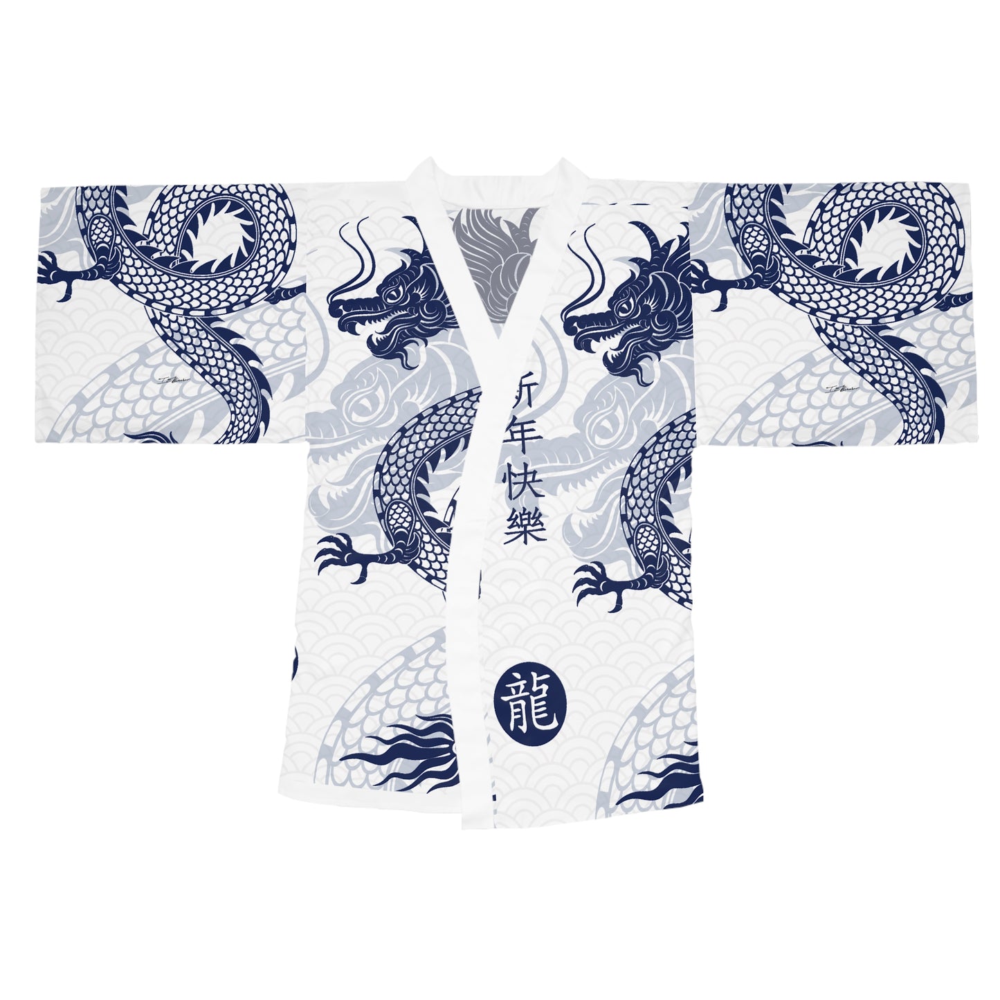 Aesthetic Blue and White Year of the Dragon Long Sleeve Robe