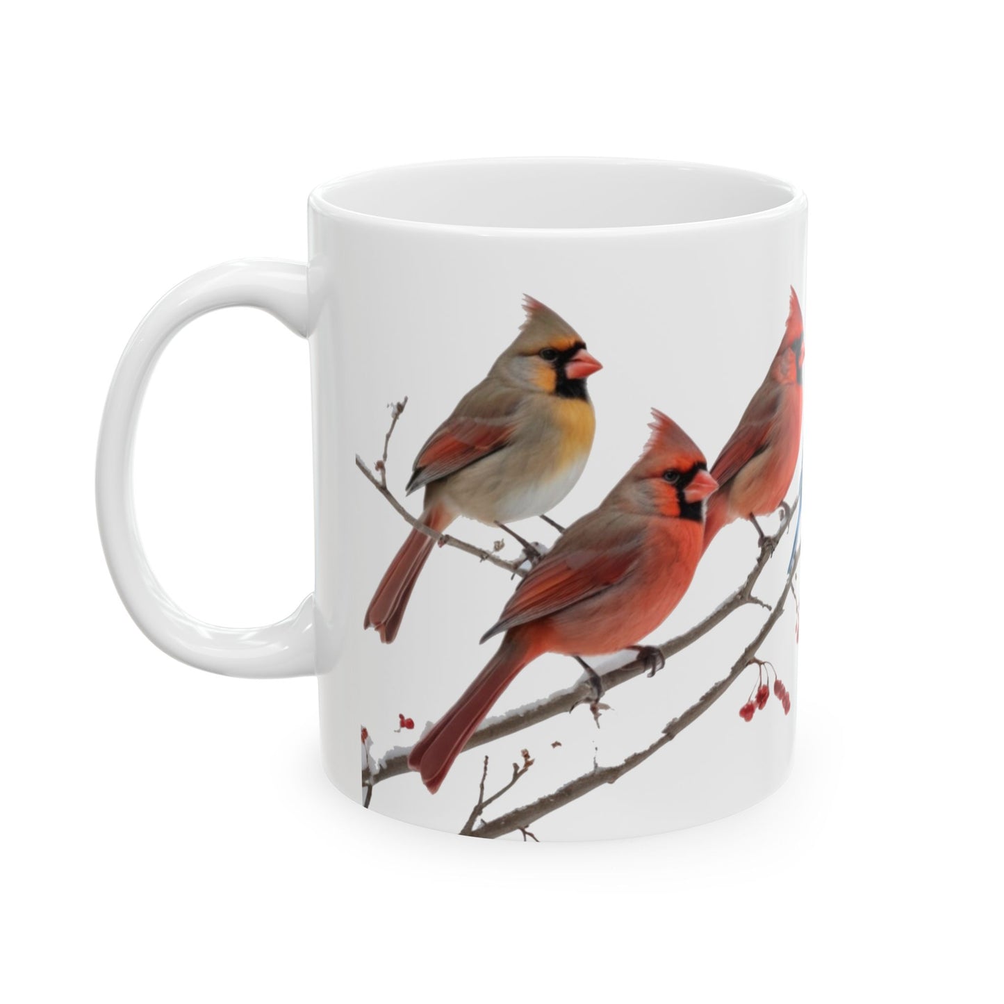 Bird Lover Ceramic Mug (11oz, 15oz) - Cardinals, Blue Jays, Blue Birds on Winter Branch