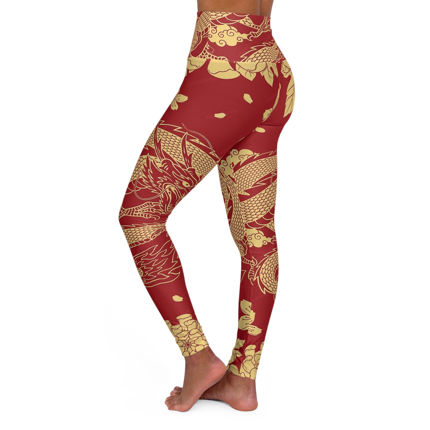Aesthetic Red and Gold Dragon High Waisted Yoga Leggings (AOP)