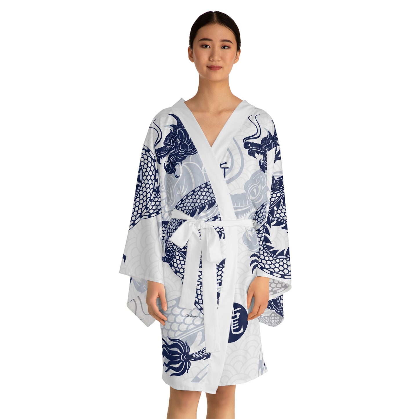 Aesthetic Blue and White Year of the Dragon Long Sleeve Robe