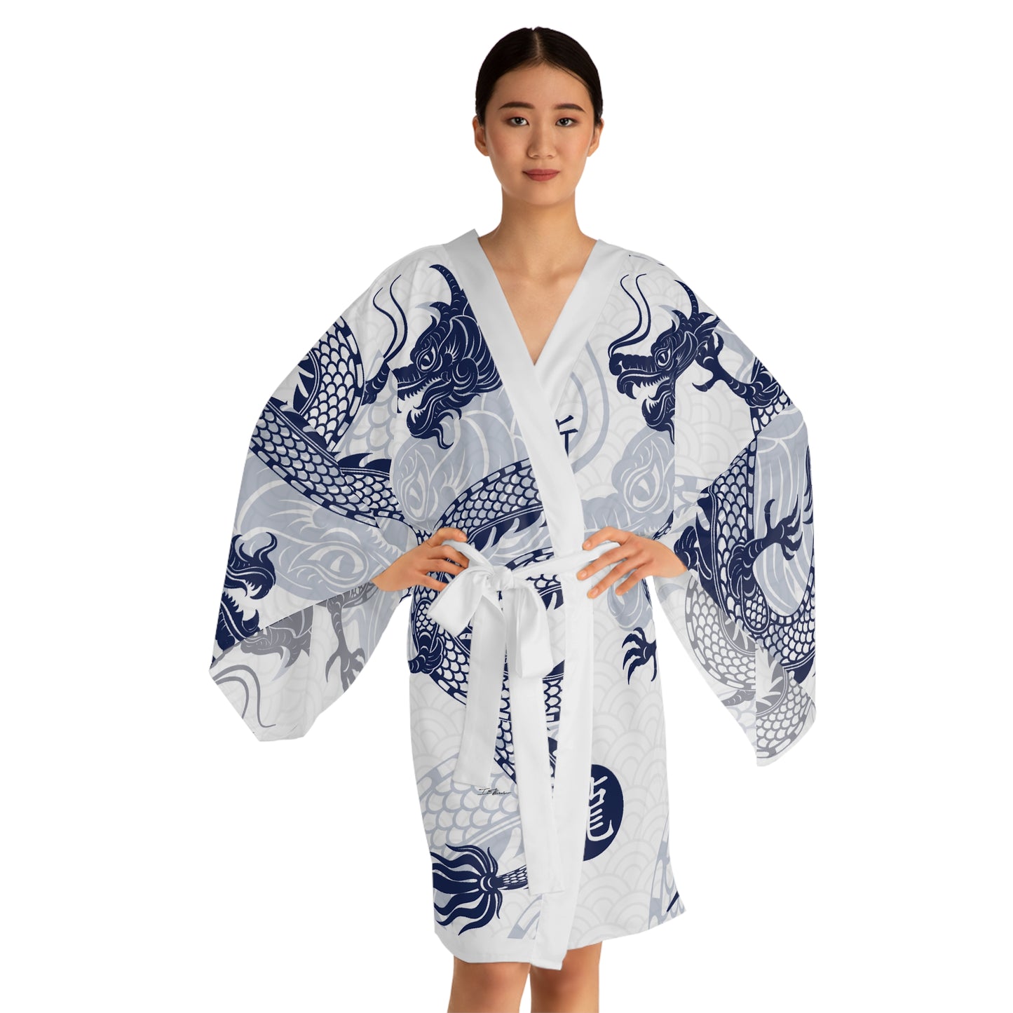 Aesthetic Blue and White Year of the Dragon Long Sleeve Robe
